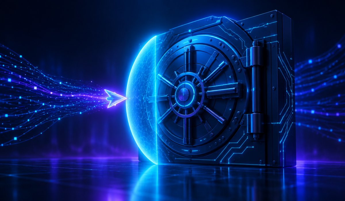 bstract illustration of an AI agent stopped by a digital security barrier in front of a bank vault door
