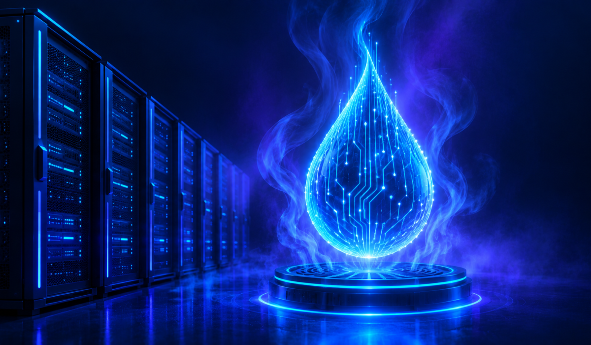 Abstract illustration of a water droplet made of circuit lines in front of server rack silhouettes