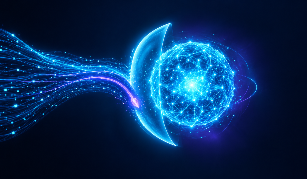 Abstract illustration of a hidden instruction entering an AI system’s data stream, with a protective shield layer around the AI core